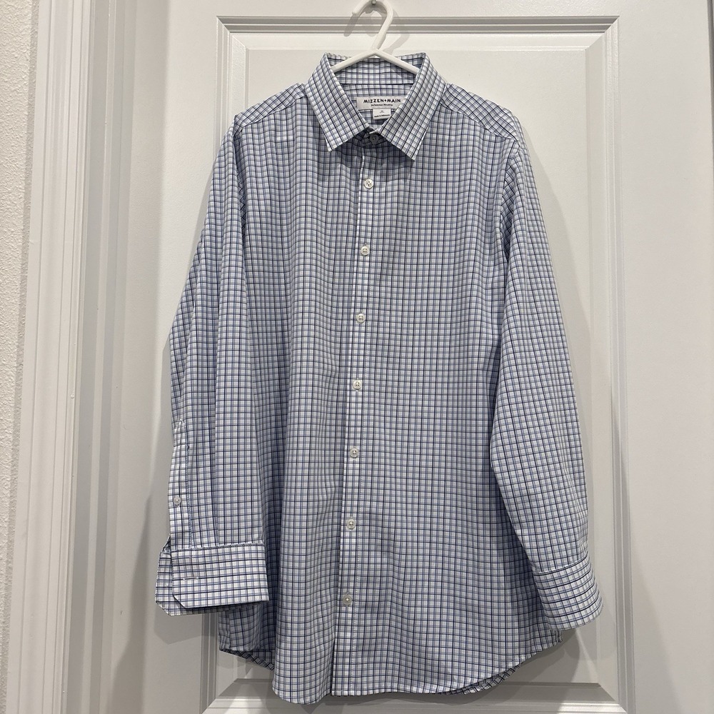 Mizzen + Main Trim Fit Mens Medium Blue Plaid Button Down‎ Shirt